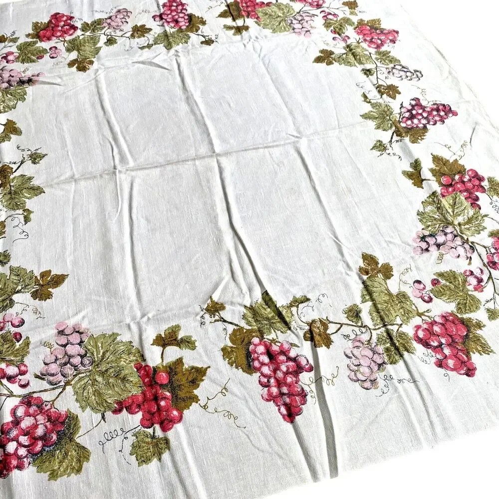 Square tablecloth printed cotton blend pink red grapes greenery vine border FLAW